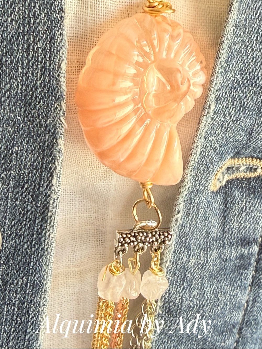 Summer beaded Pink Rose Quartz Nautilus Tassel Necklace - Picture 8 of 11